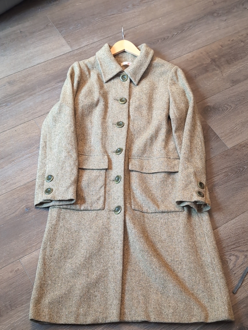 Made In England Wool 70% 30% Silk-Blend By Marilyn Moore Herringbone Long Coat